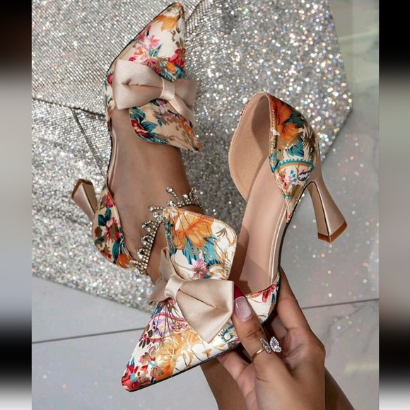 High Heel Pumps With Bowknot & Floral Print, Elegant & Fashionable - Picture 5 of 6